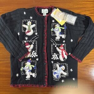 Quacker Factory Cardigan L Black Red Trim Snowman Embroidered‎ Applique Vintage